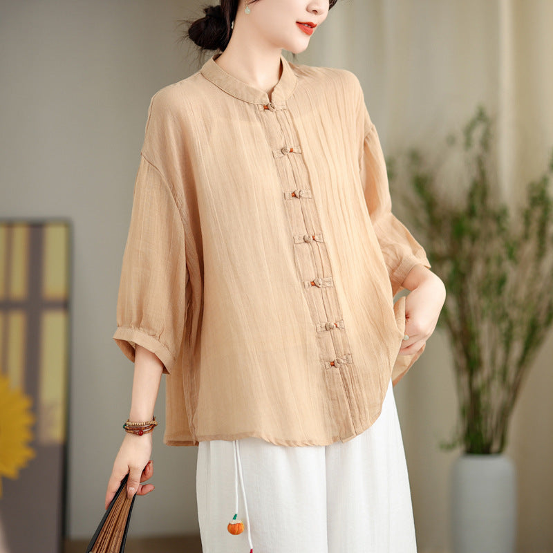 New Chinese Handicap Shirt Women's Loose Plus Size Casual Retro Cotton And Linen Top Air Conditioning Sunscreen Cardigan
