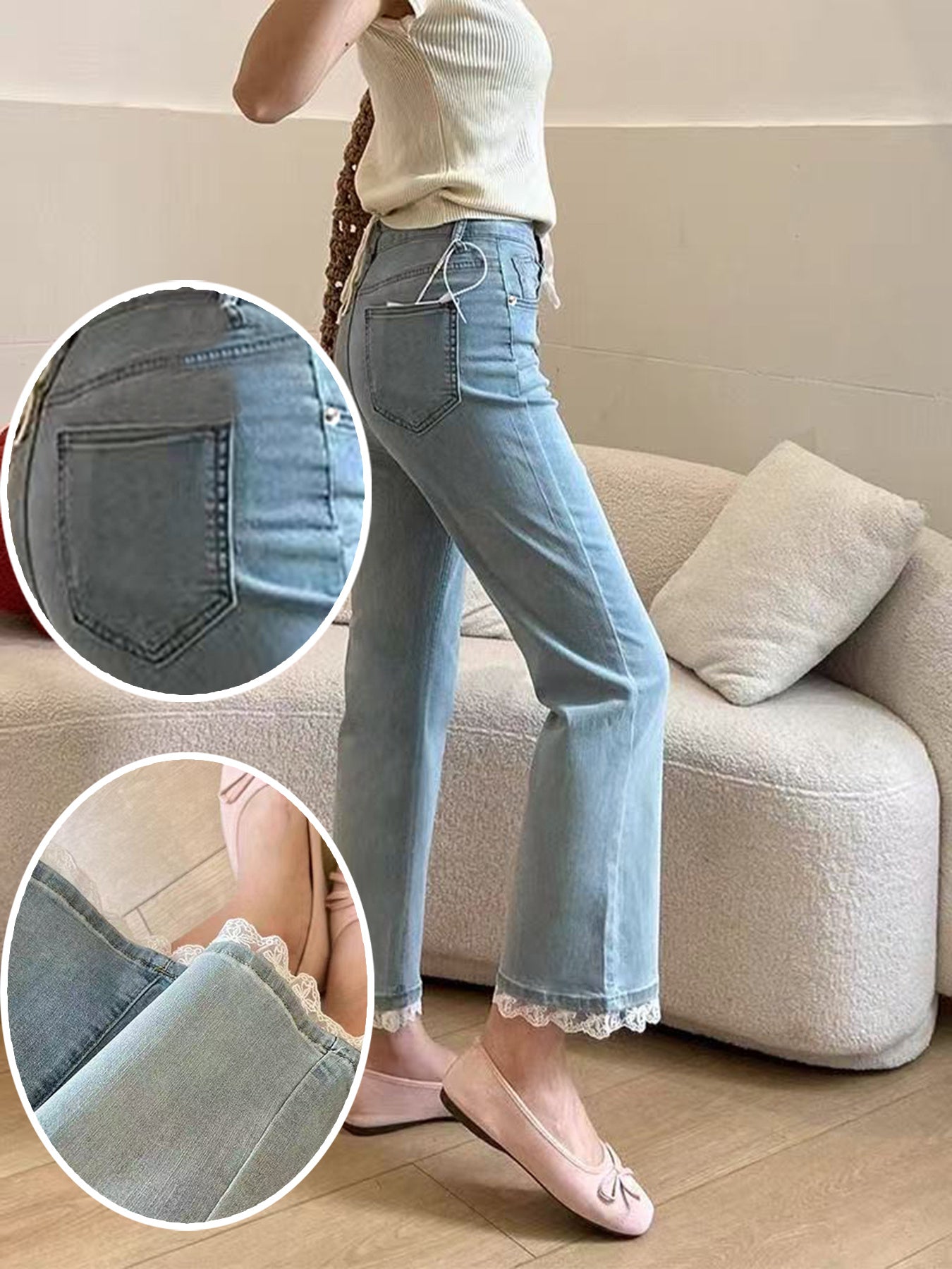 Jeans For Women, With Elastic Lace Lace And Lace Stitching, Micro Flared Jeans For Women In 2025, Small And Stylish Design, Light Blue Jeans For Women, Cropped Jeans For Women, Casual Pants For Women,