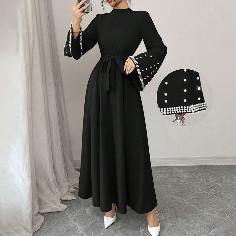 Women's Elegant Long Sleeve Maxi Dress - Sparkling Embellished High Neck Formal Gown With Waist Belt, Flowy Evening Dress For Vacation & Special Occasions