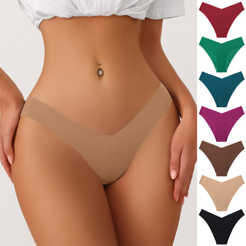 Seamless Ice Silk Underwear For Women With V-shaped Waistband. One-piece Pure Cotton Crotch Breathable Women's Briefs.