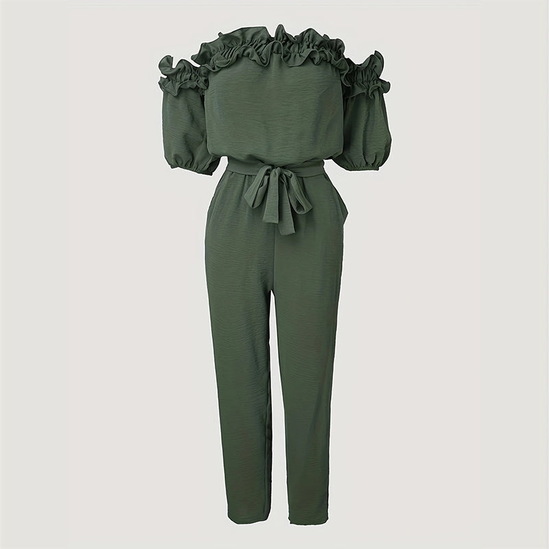 Women's Solid Color Elegant Off-Shoulder Jumpsuit With Ruffle Sleeves & Tie-Waist Summer Casual Romper