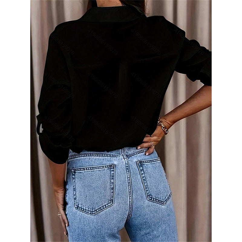 Women's Casual Long Sleeve Button-Down Shirt With Roll-Up Sleeves, Stylish Mid-Length Blouse For Everyday Wear