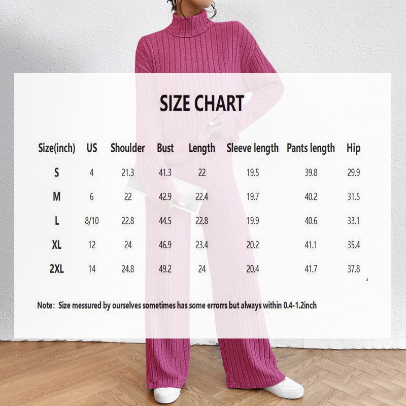 Women's Solid Color 2-Piece Set High Neck Long Sleeve Top & Pants, Striped Loungewear For Fall&Winter