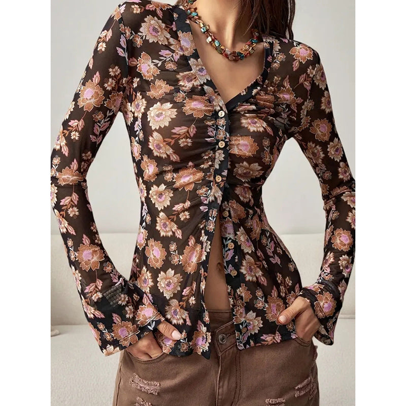 Women Button Down Floral Shirts 2025 Fall Trendy Long Sleeve V Neck Ruched Fitted Blouse Tops