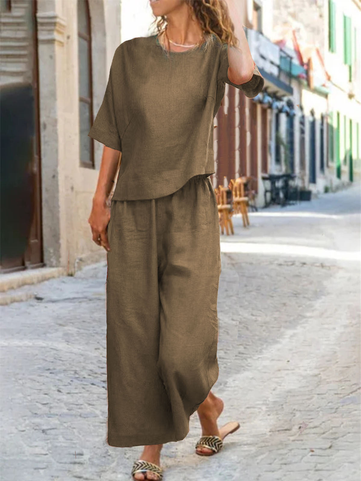 European And American Women's Linen Casual Loose Solid Color Suit Two-piece Women