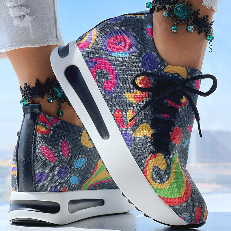 Women's Random Print Side Lace-Up Elastic Sport Shoes, Comfortable Slip-On Sneakers For Women, Casual Daily Wear Footwear